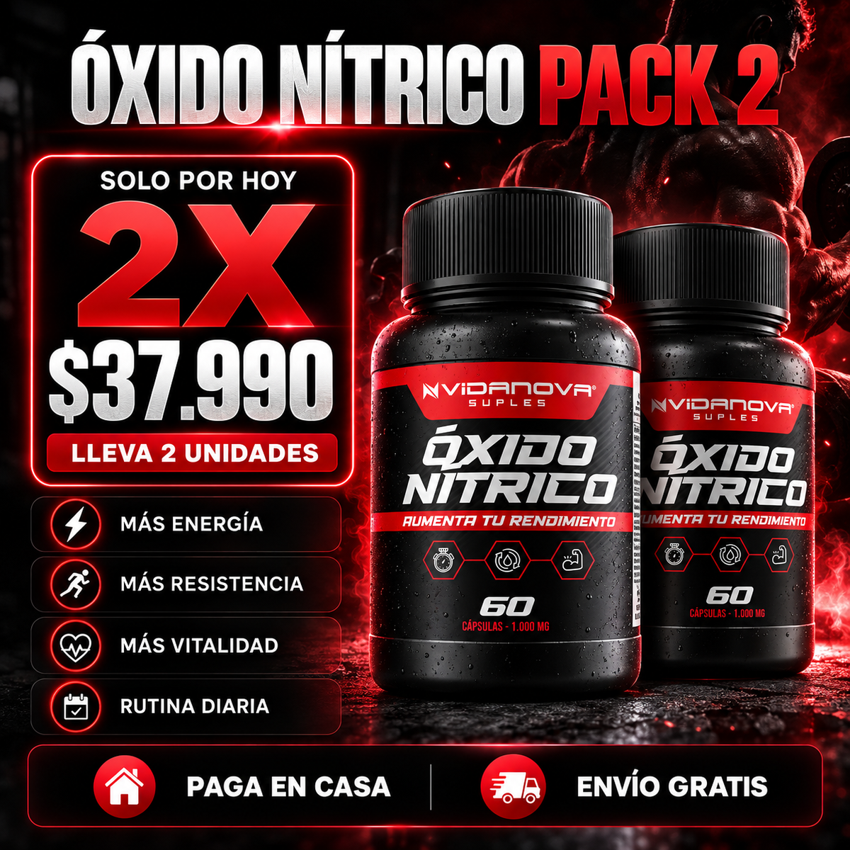 Oxido Nítrico 1000MG 60 Caps. - Potencia tu Rendimiento.